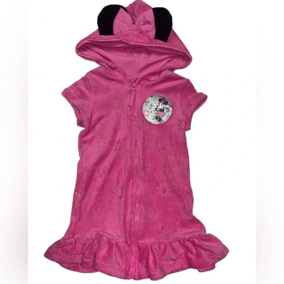 Disney Terry Pink Minnie Mouse Hooded Robe Beach Cover Up Dress Girls - Picture 1 of 8